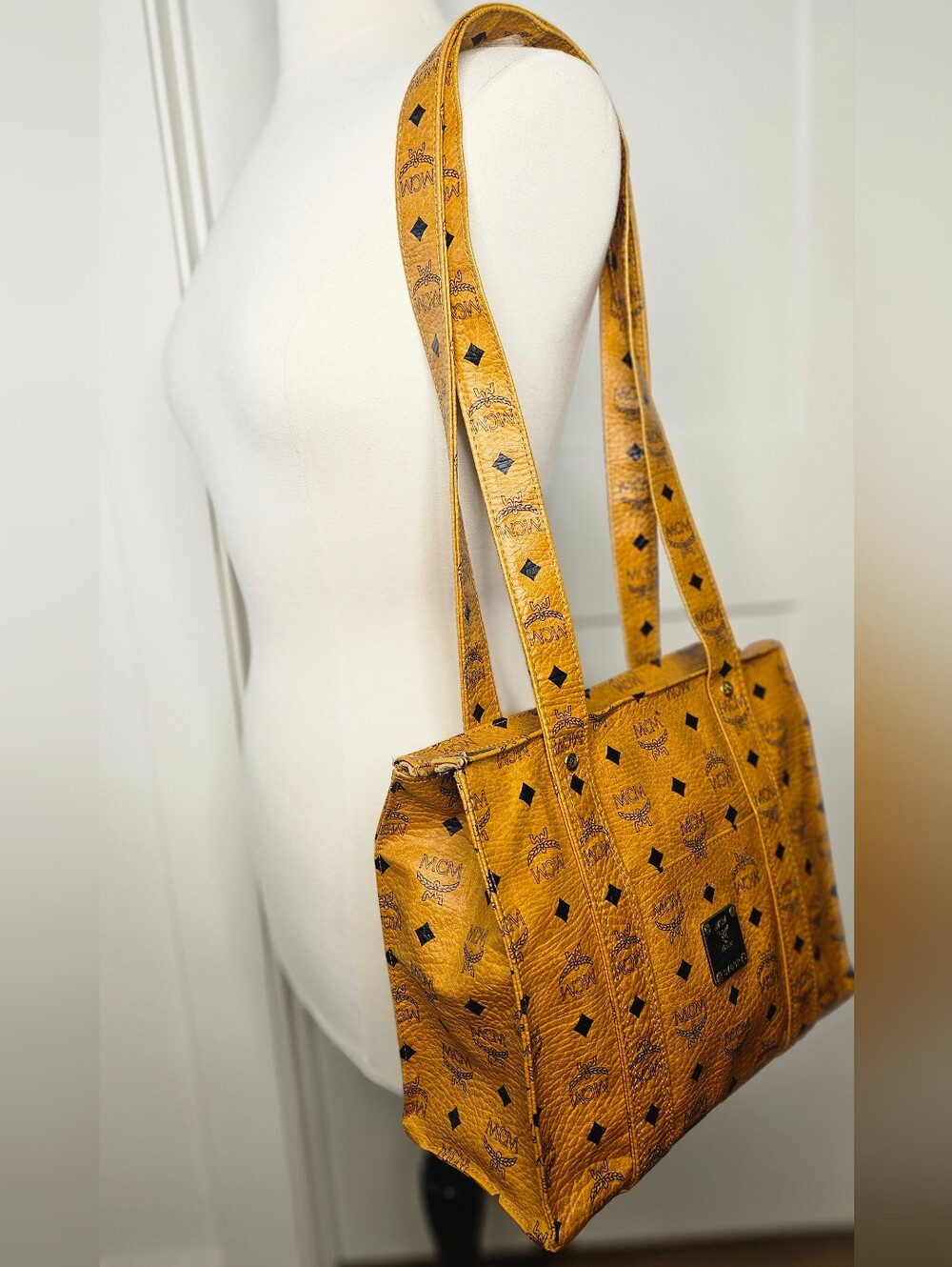 Authentic MCM Visetos Cognac Monogram Large Shopper Tote Shoulder Bag